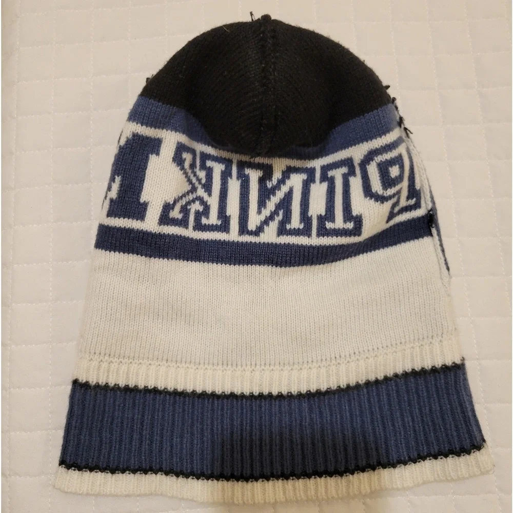 Victorias Secret PINK Nation Blue White Black Pom Pom Beanie Cozy Hat Snow Bunny